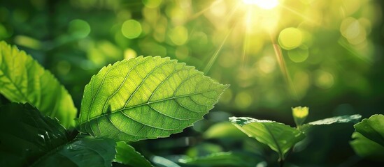 Aufkleber - A close up view of a green leaf in sunlight with natural green plants creating a backdrop ideal for a copy space image