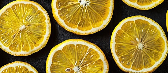 Fototapete - Close up image of fresh juicy yellow lemon slices on a black background with a flat lay perspective and top view highlighting the vibrant citrus fruit Contains copy space