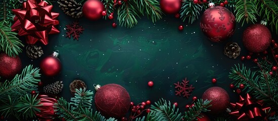 Wall Mural - Christmas themed backdrop with a festive touch of red Christmas ornaments Ideal for creating holiday themed designs it offers ample copy space image