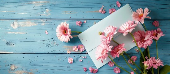 Aufkleber - Card mockup with floral decor on a blue wooden background and greeting card mockup featuring pink fresh flowers on a table have the same design with copy space images