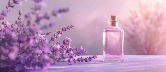 Poster - Lavender oil essence in a clear bottle with blooming lavender on pastel backdrop ideal for spa personal care and natural cosmetic concepts with copy space image