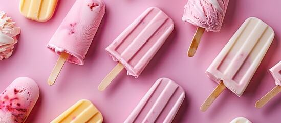 Aufkleber - Copy space image of various popsicle ice creams on a soft pink spring themed background photographed from above in a flat lay style