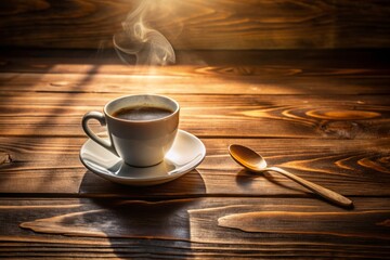 A worn, rustic wooden table holds a simple white plastic spoon beside a steaming coffee cup, surrounded by subtle shadows and soft, warm lighting.