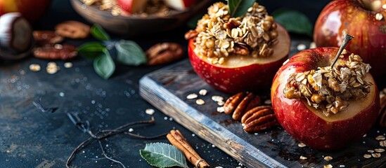 Aufkleber - A copy space image featuring baked apples filled with a mixture of oats and nuts