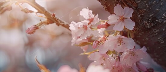 Poster - Capture the stunning sight of cherry blossoms blooming on a sakura tree during spring in the castle park capturing a close up macro image with ample copy space