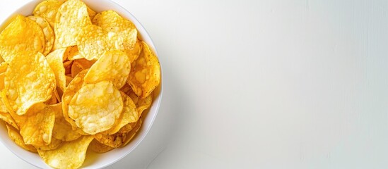 Poster - Close up of potato chips in a plate on a white background with ample copy space image
