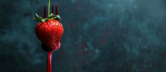 Poster - A strawberry resting on a crimson fork in a copy space image