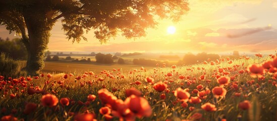 Poster - Scenic meadow with stunning poppies under the setting sun ideal for a copy space image
