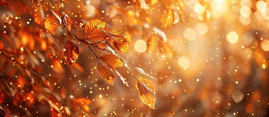Poster - Magical forest with golden autumn leaves on a tree highlighting the scenery Focus on the leaves Ideal for copy space image