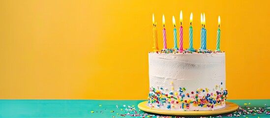 Poster - Colorful background with a birthday cake and candles leaving room for adding text in a copy space image