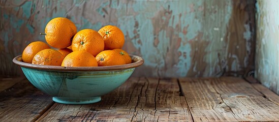 Fototapete - Oranges in a bowl on a rustic wooden table with empty space for a picture. with copy space image. Place for adding text or design