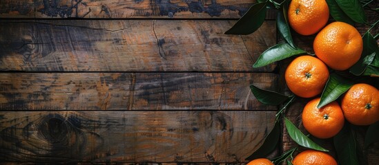 Aufkleber - Mandarin oranges with leaves on a wooden background perfect for a copy space image