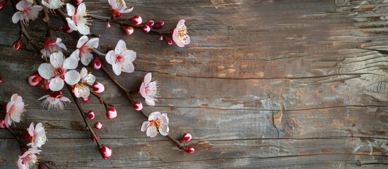 Aufkleber - Spring branches with white pink blossoms on wooden background in rustic composition on vintage textured table featuring a close up top view and copy space image