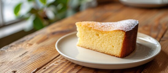 Wall Mural - Soft Japanese butter cake on a white plate placed on a wooden table with available copy space image