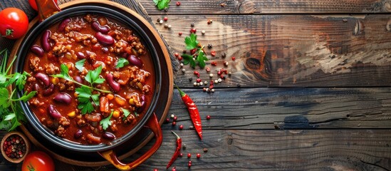 Poster - Flat lay of delicious chili con carne on a wooden table with room for text in the image. with copy space image. Place for adding text or design