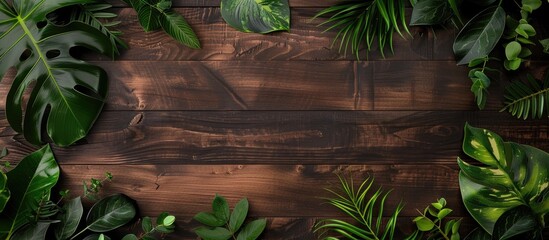 Wall Mural - Top down view of dark toned wooden backdrop with tropical foliage creating space for graphics or text input. with copy space image. Place for adding text or design