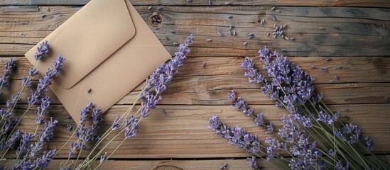 Leinwandbilder - Top view of a greeting card mockup with an envelope dry lavender flowers on a wooden background offering ample copy space for personalization adds a charming touch