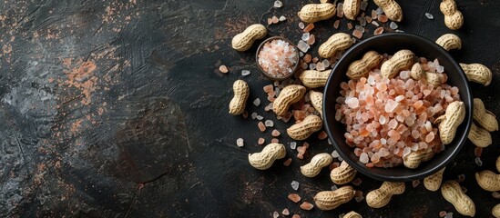 Leinwandbilder - Dark gray backdrop with Himalayan coarse salt complementing peanuts on the image leaving a large area for text copy space image