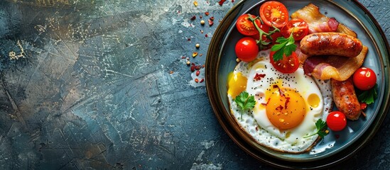 Aufkleber - View from the top showing a traditional English breakfast featuring a fried egg tomatoes sausage and bacon with a blank space for added content known as a copy space image