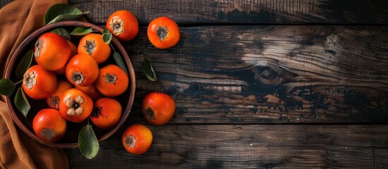 Leinwandbilder - Bowl of autumn persimmons on wooden table backdrop with dark rustic style ideal for a natural remedy Includes copy space image