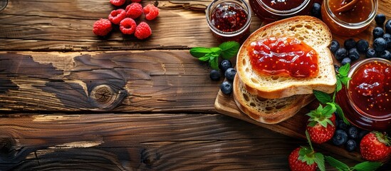 Fototapete - Wooden desk with toast and a variety of jams creating an appetizing scene with copy space image