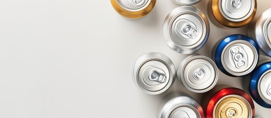 Wall Mural - aluminum beverage cans arranged on a white backdrop with copy space image