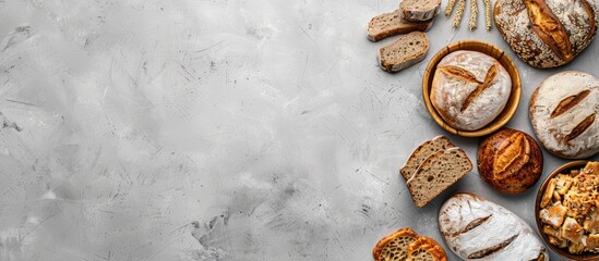 Poster - Various types of freshly baked homemade natural breads displayed in the background with a top view allowing ample copy space for an image