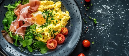 Aufkleber - Scrambled eggs with prosciutto and salad presented on a dark grey slate background with copy space image