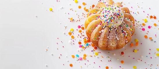 Poster - Mini gugelhupf adorned with vibrant sugar sprinkles on a white background with ample copy space image