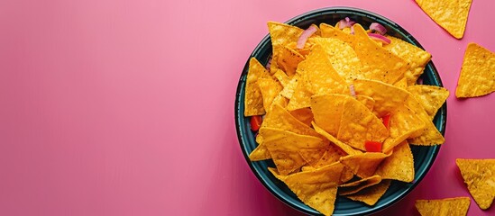 Aufkleber - Nacho bowl on vibrant backdrop with copy space image