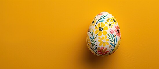 Poster - A painted Easter egg from above on a vibrant yellow backdrop with copy space image
