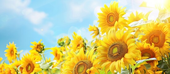 Leinwandbilder - Detailed close up image of sunflowers in full bloom against a blue sky background with available copy space Focus is selective