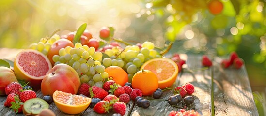Fototapete - Afternoon setting with a fresh array of sliced fruit on a table creating a pleasant copy space image