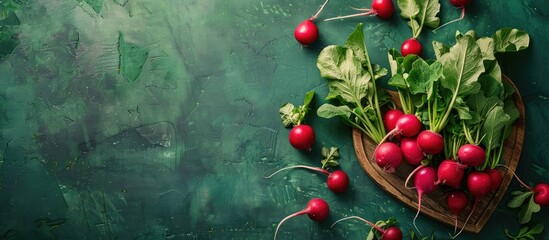 Aufkleber - Heart shaped board holds a bunch of freshly harvested organic radishes grown in a spring garden featured on a green background with copy space image
