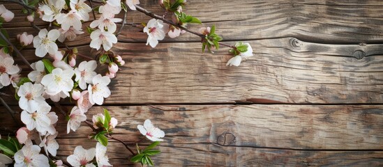Aufkleber - Spring branches with white pink blossoms on wooden background in rustic composition on vintage textured table featuring a close up top view and copy space image