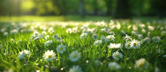 Wall Mural - Numerous daisies scattered across a lush green meadow in the natural setting with available copy space image