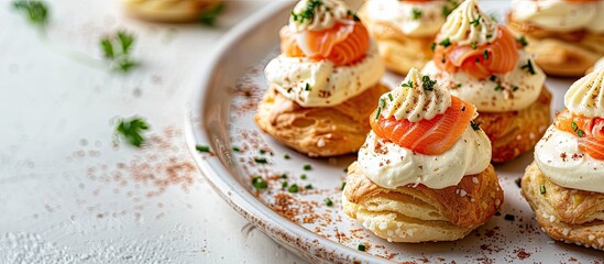 Aufkleber - Close up image of delectable profiteroles filled with cream cheese and salmon on a white tabletop with ample copy space for text