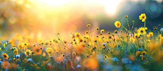 Poster - Sunny meadow with yellow wildflowers providing a vibrant scene perfect for copy space image