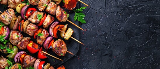 Aufkleber - Top view of a delicious chicken shish kebab with vegetables and grilled meat skewers on a barbecue food setting with a copy space image