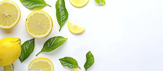 Leinwandbilder - Lemon slice and fruit with leaves isolated on a white background with clipped copy space image