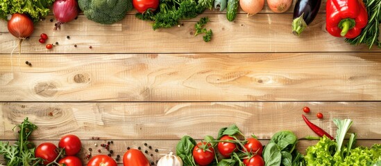 Aufkleber - Display a variety of fresh organic vegetables on a wooden surface with ample copy space image