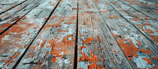 Poster - Old wooden floor with peeling paint creating a grunge background for a copy space image