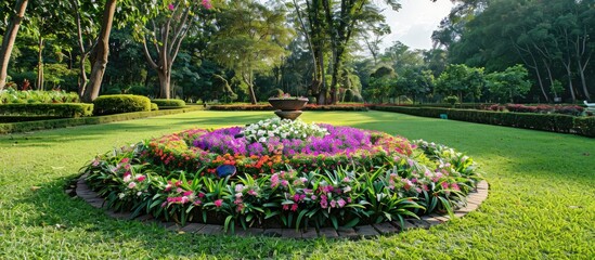Fototapete - Formal garden with flower bed ideal for landscape design Beautiful and organized layout with a picturesque quality perfect for a copy space image
