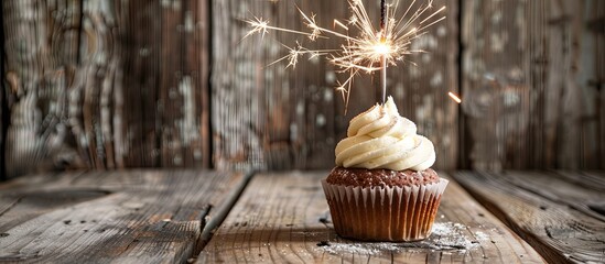 Poster - Wooden background with a cupcake topped with a sparkler Ideal for adding text with copy space image