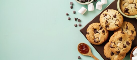 Aufkleber - Homemade cooking concept with chocolate chip cookies marshmallows recipe book marmalade wooden spoon on light green background copy space image available