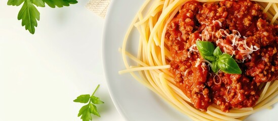 Aufkleber - Plate with homemade vegetarian meat sauce and spaghetti pasta viewed from a low angle has copy space image