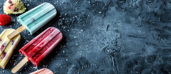 Aufkleber - Popsicles and ice cream on a dark surface with copy space image