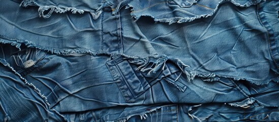 Wall Mural - Close up view of textured ripped denim jean fabric with copy space image