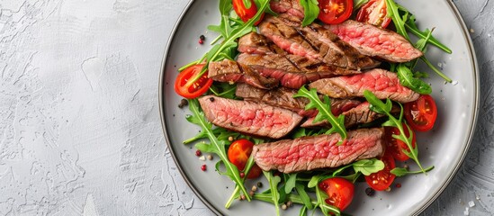 Aufkleber - Grilled beef slices with cherry tomatoes and arugula on a plate displaying beautifully against a plain background in a copy space image