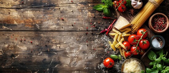 Poster - Healthy food concept with a rustic style Top view of fresh veggies pasta parmesan cheese and spices on a wooden table perfect for a copy space image